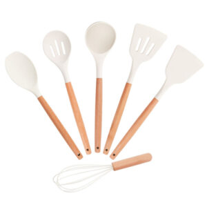Set 6 Piece Silicone Utensil Minimalist Heat Safe Wood Handles