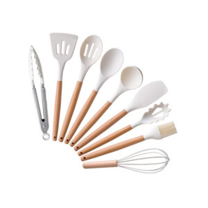 Set 9 Piece Silicone Kitchen Utensil Heat Resistant Wood Handle Tools