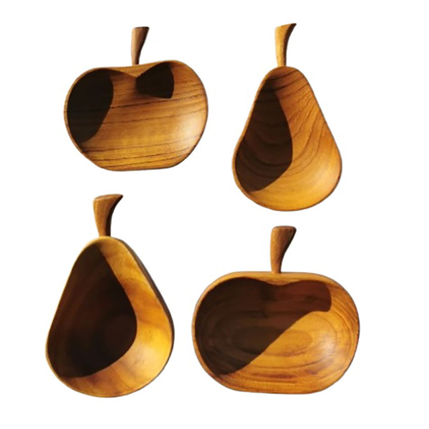 Handcrafted 4 Piece Thai Teak Wood Fruit-Shaped Dipping Bowl Set