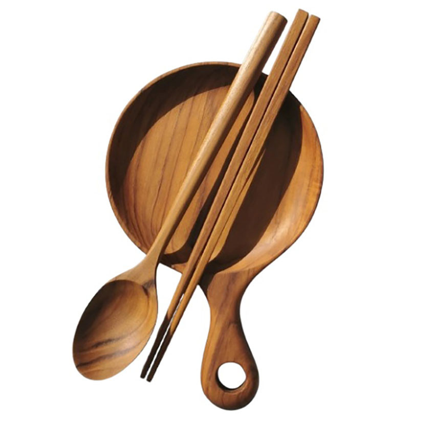 Handcrafted Teak Wood Tableware Set 3 Piece Spoon Chopsticks Boki Plate