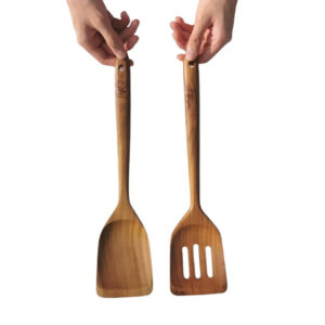 Handcrafted Teak Wood Spatula Set 2 Piece Slotted & Solid Turner