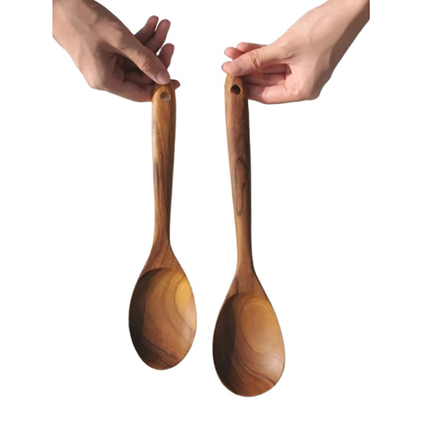 2 Piece Handcrafted Teak Wood Serving Spoon Set Large Salad & Soup Ladles